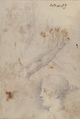 Figure Studies: The Arrest of Christ?, Christ and the Canaanite Woman, Seated Male Figures, and Head of a Child (recto); Studies of an Arm, and of the Heads of an Old Man and Young Woman (verso), Jacopo Palma the Younger (Italian, Venice ca. 1548–1628 Venice), Pen and brown ink, red chalk for child's head (recto); black chalk (verso)